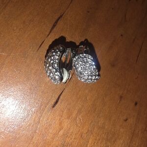 Vintage Crystal Pavé Luxury Silver Tone Curved Huggie Clip-On Earrings